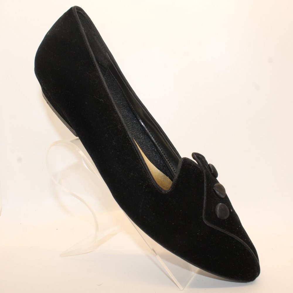 Beau Monde Women's Size 10 Black Velvet Button Embellishment Ballet Wedge Heels - Picture 2 of 10